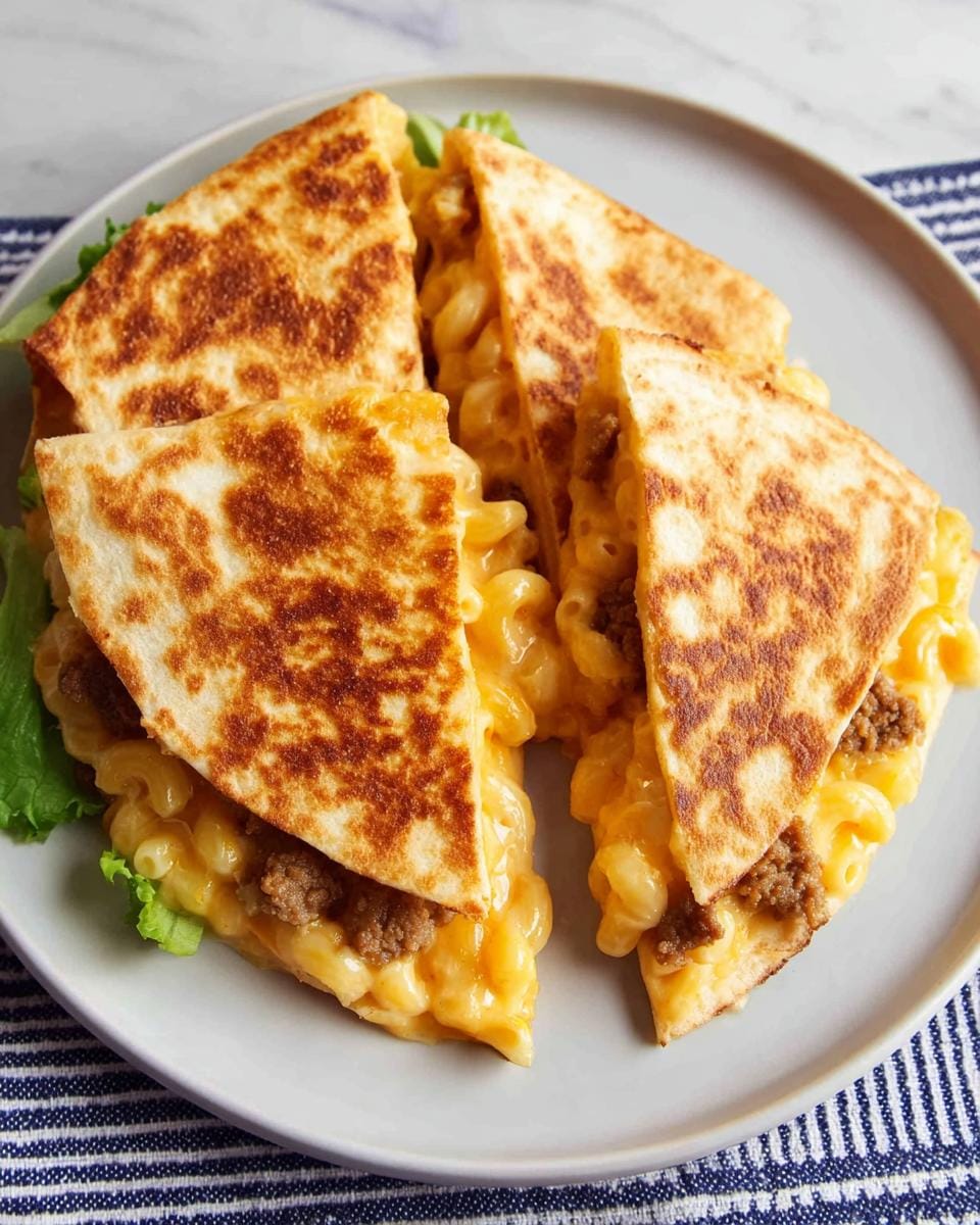 A close-up of a Mac and Cheese Quesadilla Easy Cheesy Snack, cut into wedges, revealing creamy mac and cheese and seasoned ground beef.