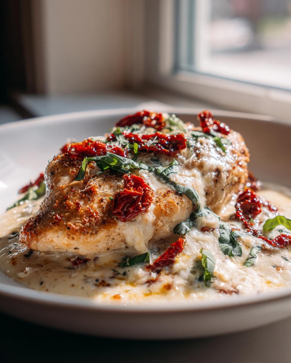 A close-up of a succulent Marry Me Chicken Recipe breast, smothered in a rich cream sauce and topped with sun-dried tomatoes and fresh basil.