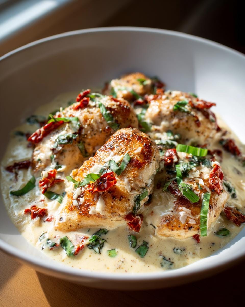Close-up of Marry Me Chicken Recipe pieces in a creamy sauce with sun-dried tomatoes and basil.