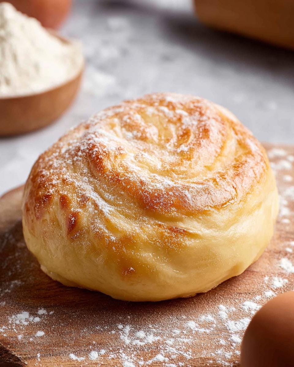 A golden-brown baked swirl made from Master Sweet Dough Recipe, dusted with powdered sugar.