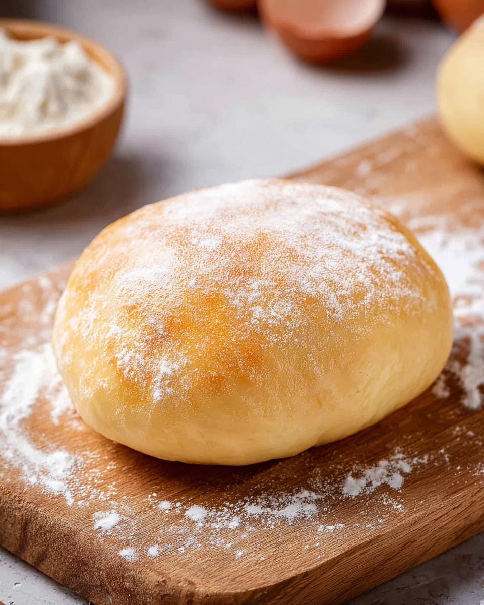 A golden-brown ball of Master Sweet Dough Recipe, dusted with flour, resting on a wooden board.