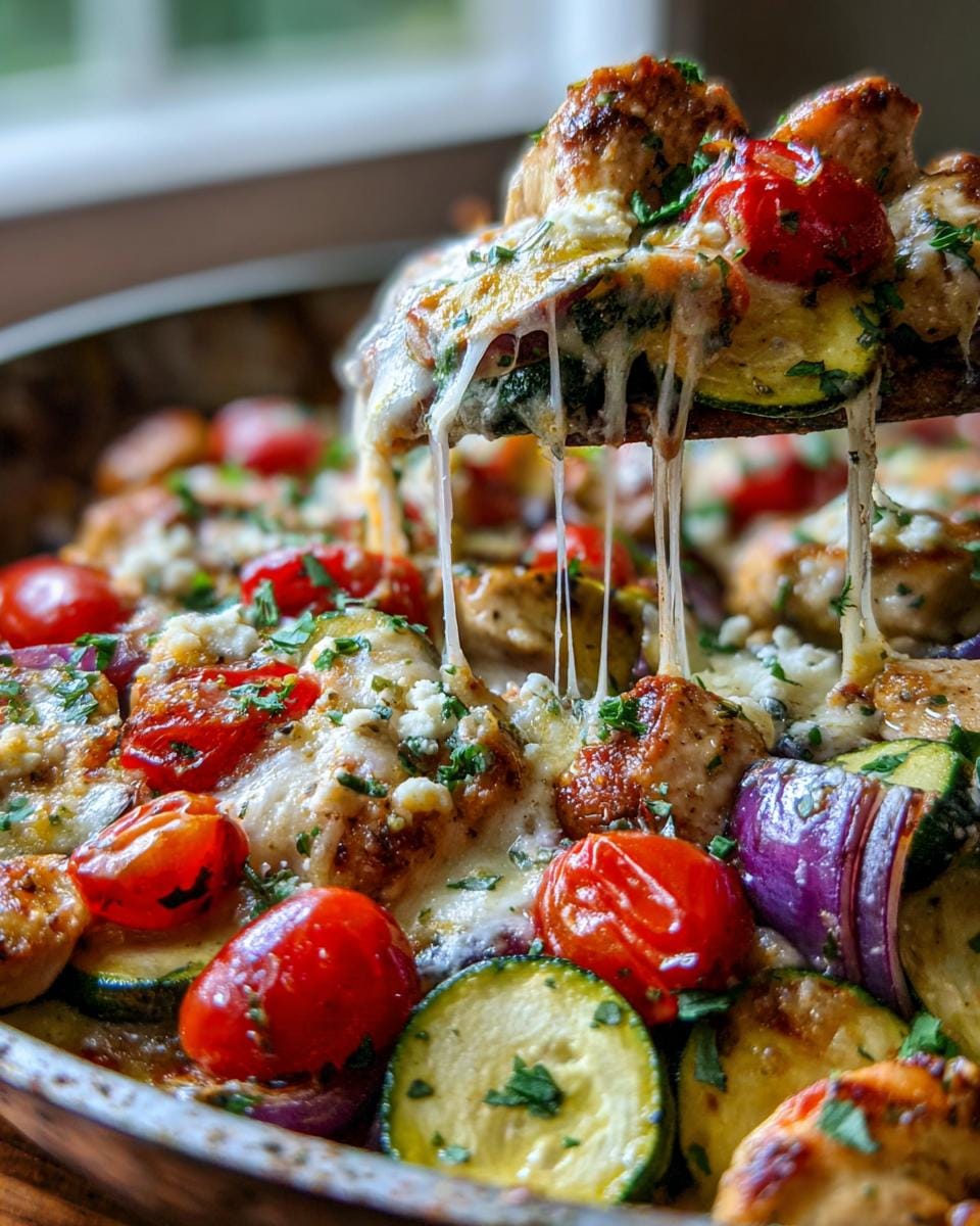 A serving spoon lifts a cheesy portion of Mediterranean Chicken Zucchini Bake, showing melted cheese strings.