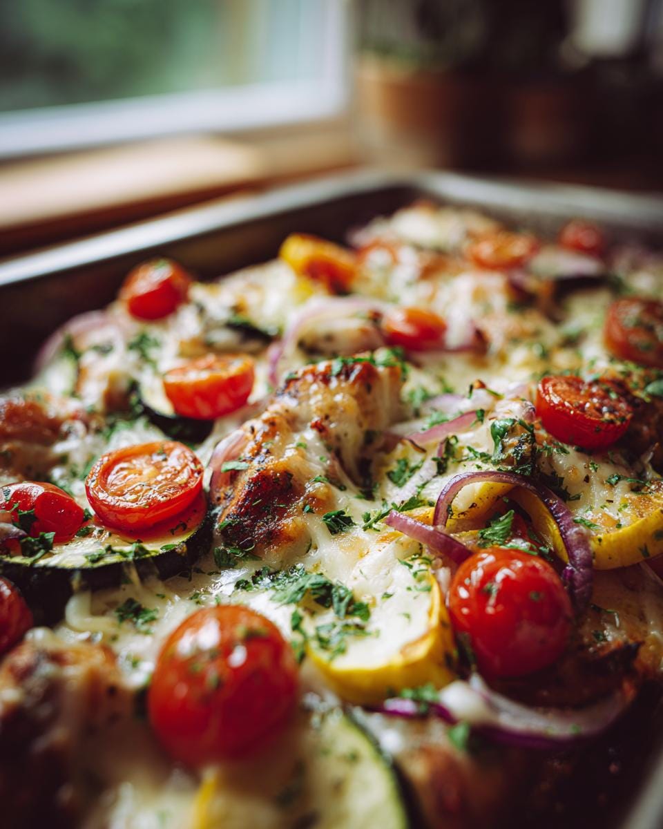 Close-up of a Mediterranean Chicken Zucchini Bake with melted cheese, cherry tomatoes, zucchini, and red onion.