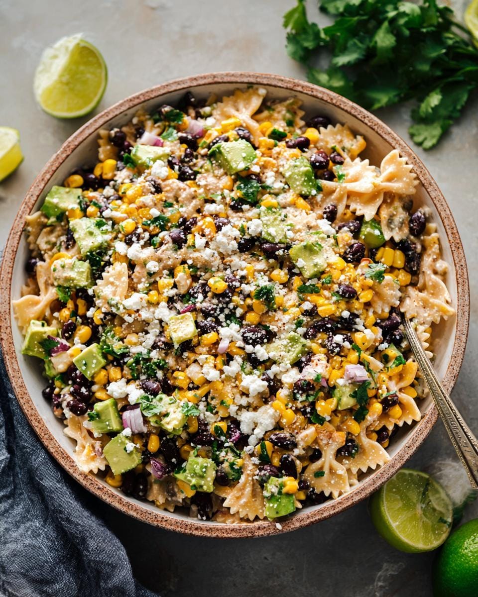 A bowl of Mexican Street Corn Pasta Salad with farfalle pasta, black beans, corn, avocado, and crumbled cheese.