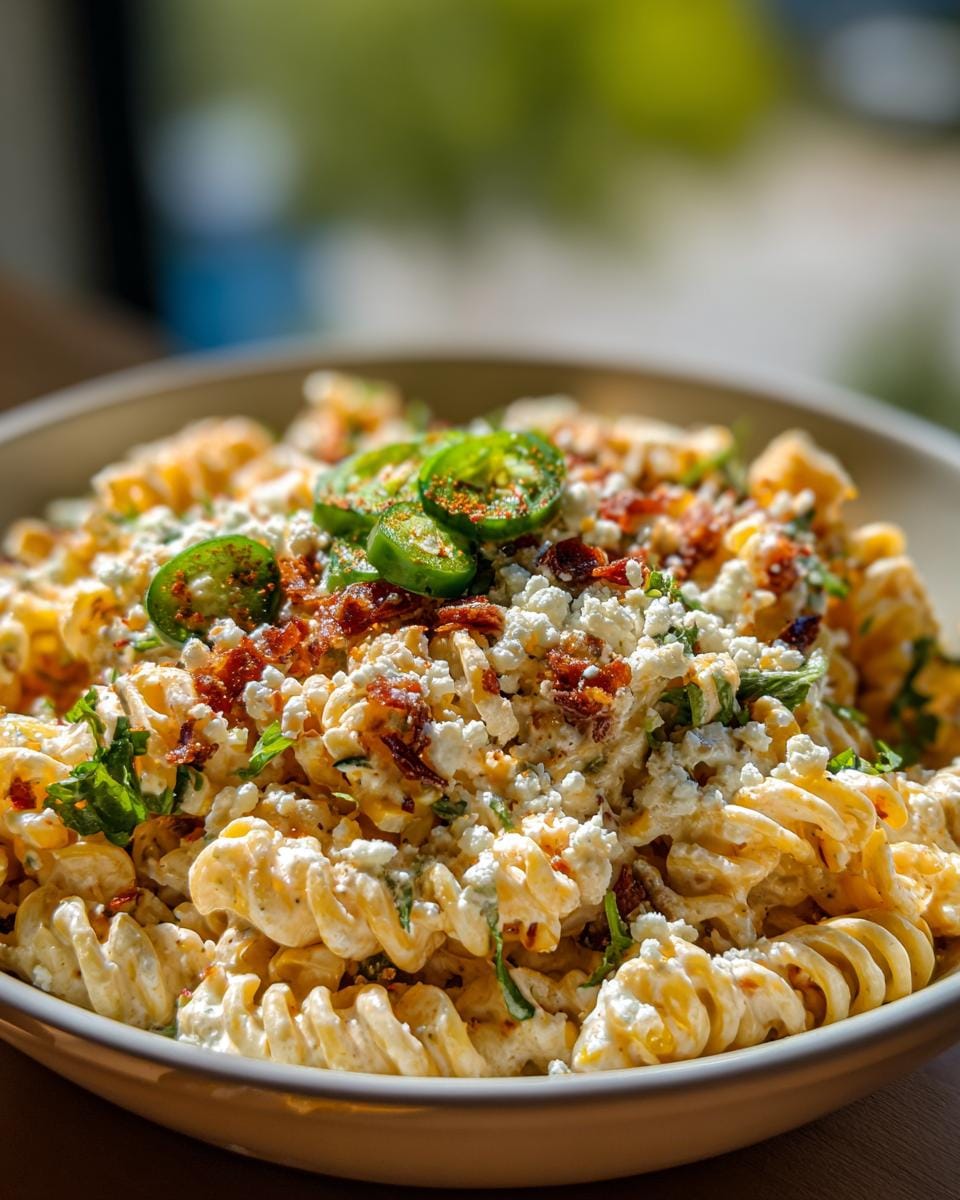 A close-up of Mexican Street Corn Pasta Salad in a bowl, topped with jalapeños, crumbled cheese, and bacon bits.