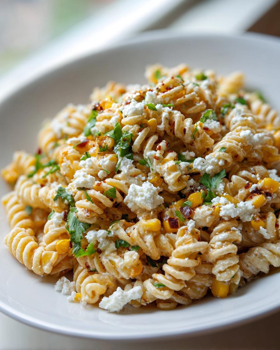 Close-up of Mexican Street Corn Pasta Salad with fusilli pasta, corn kernels, crumbled cheese, and cilantro.