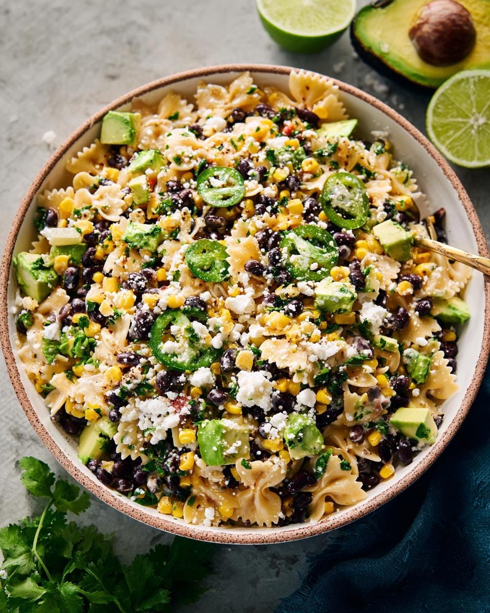 A vibrant bowl of Mexican Street Corn Pasta Salad featuring farfalle pasta, black beans, corn, avocado, jalapeños, and crumbled cheese.