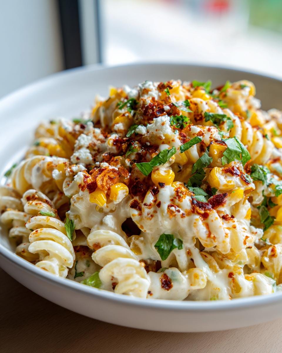 A close-up of Mexican Street Corn Pasta Salad in a white bowl, featuring fusilli pasta, corn, crumbled cheese, and fresh herbs.