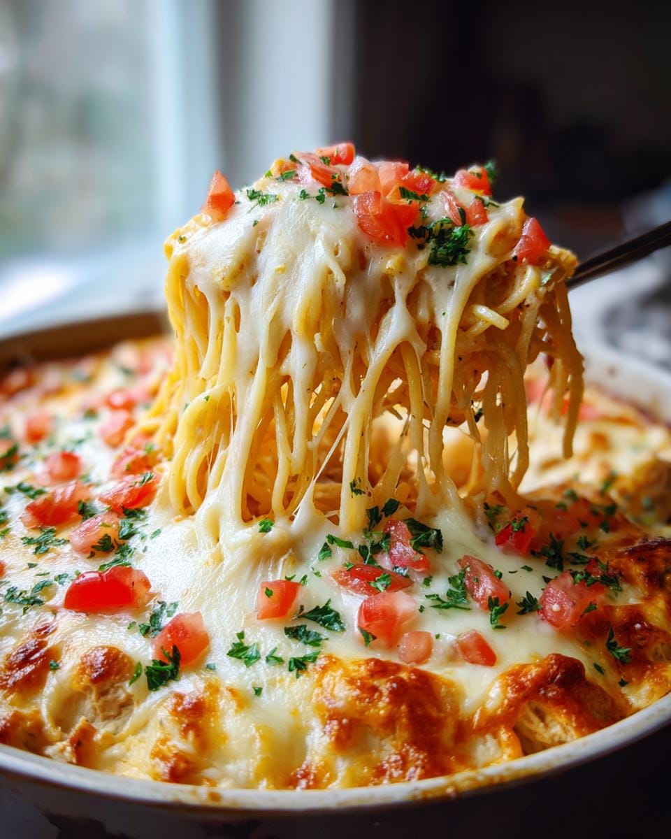 A serving spoon lifts a generous portion of cheesy Million Dollar Chicken Spaghetti, topped with diced tomatoes and parsley.