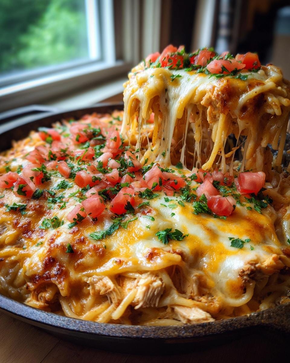 A serving spoon lifting a cheesy portion of Million Dollar Chicken Spaghetti, topped with diced tomatoes and parsley.