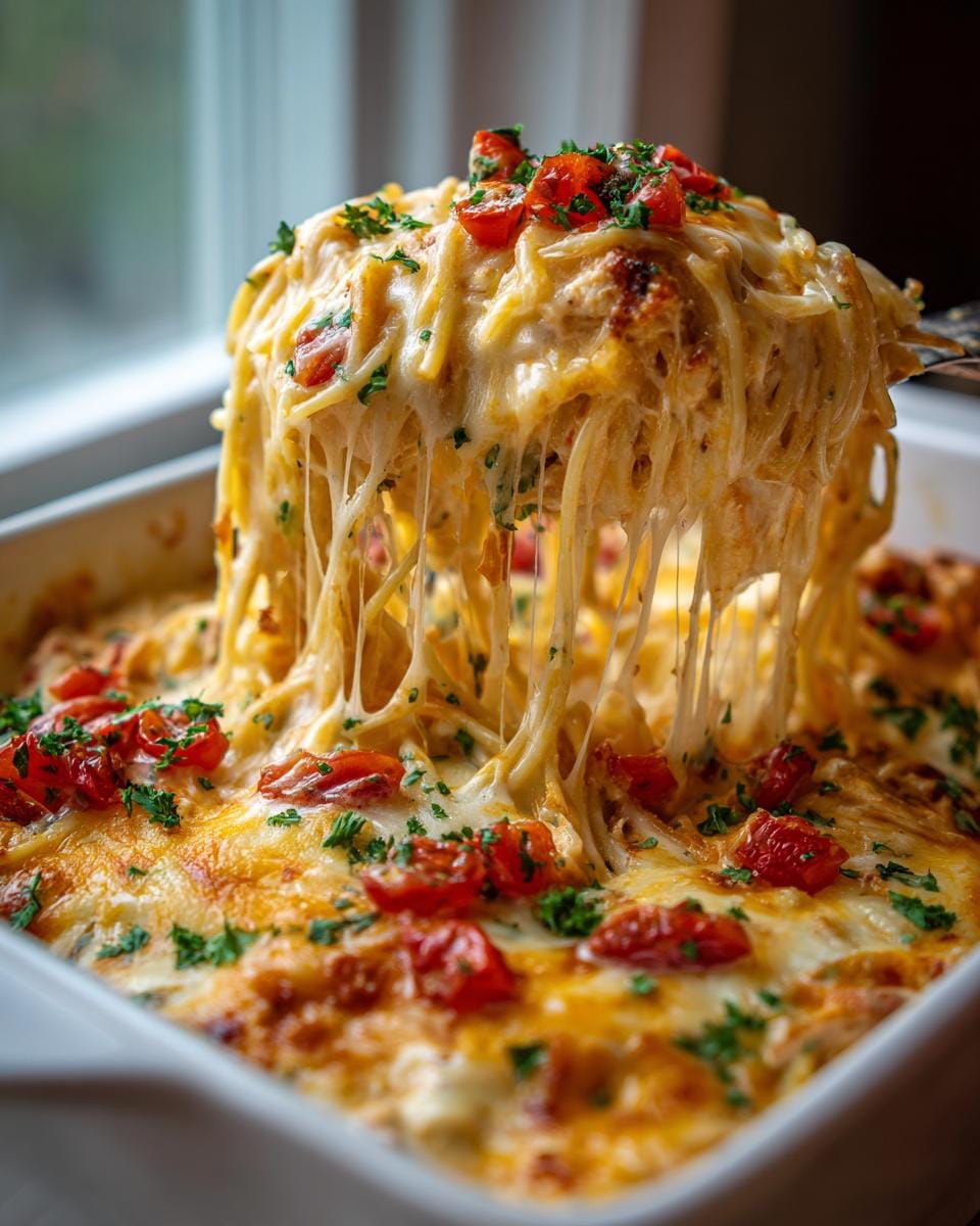 A serving fork lifting a cheesy portion of Million Dollar Chicken Spaghetti, showing melted cheese strings and chopped tomatoes.