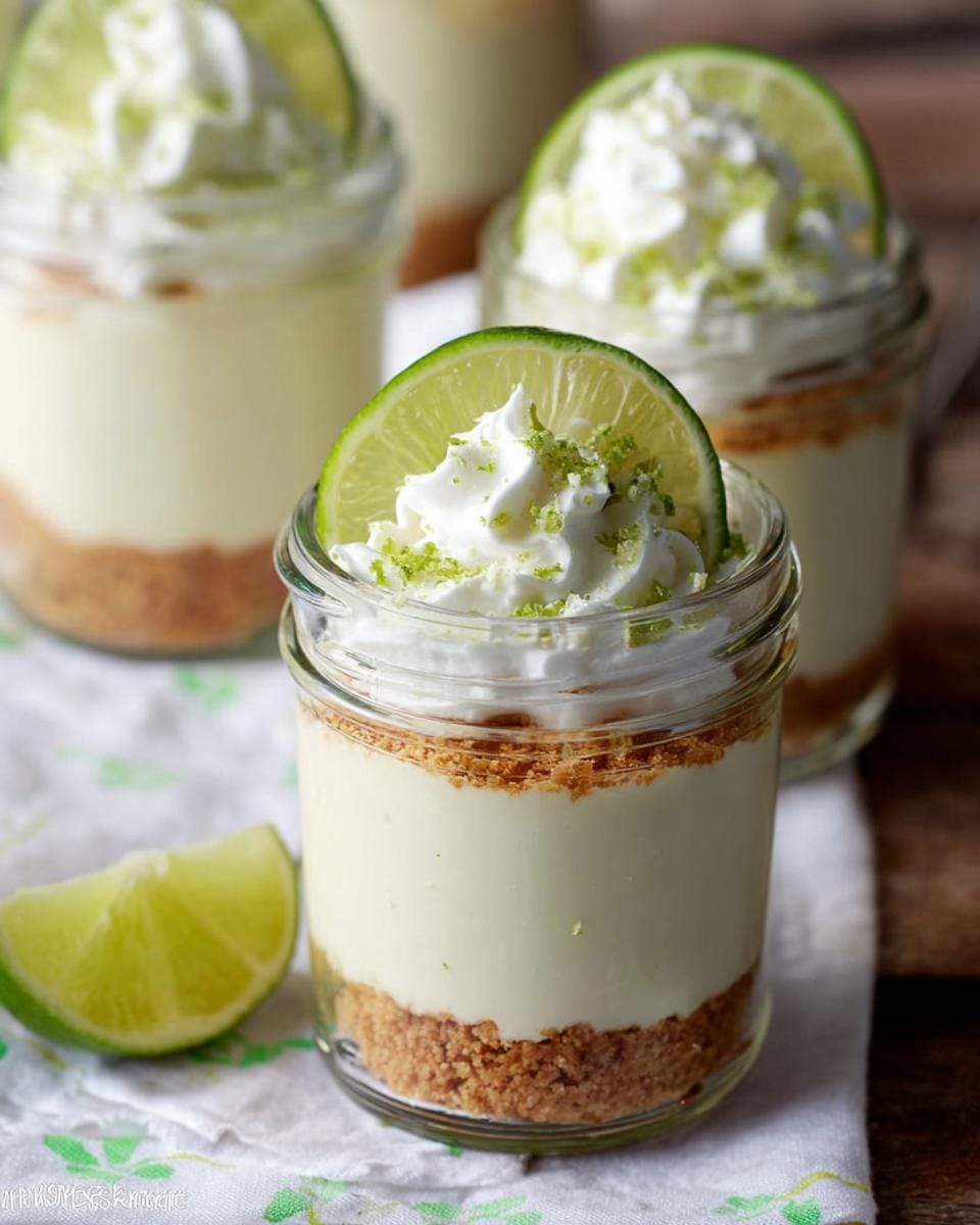 Close-up of a No Bake Key Lime Cheesecake Jar topped with whipped cream, lime zest, and a lime slice.