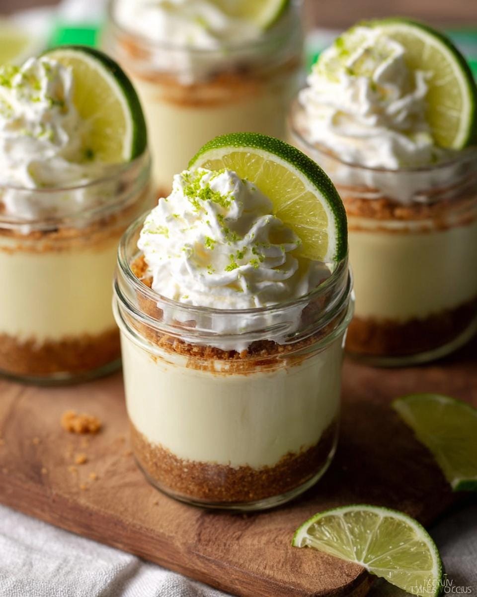 Close-up of a No Bake Key Lime Cheesecake Jar topped with whipped cream and a lime slice.