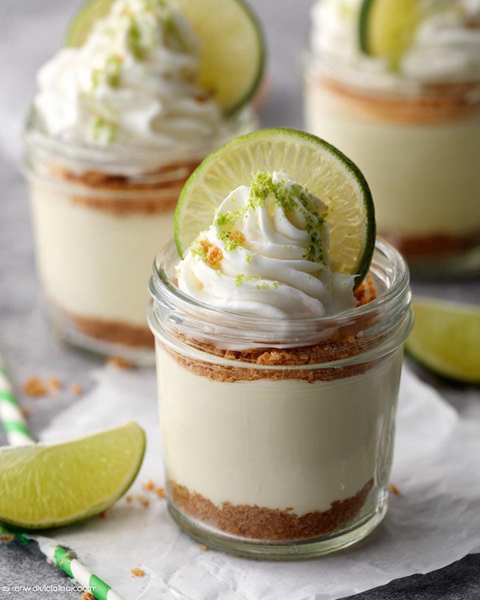 Close-up of a No Bake Key Lime Cheesecake Jar topped with whipped cream, lime zest, and a lime slice.