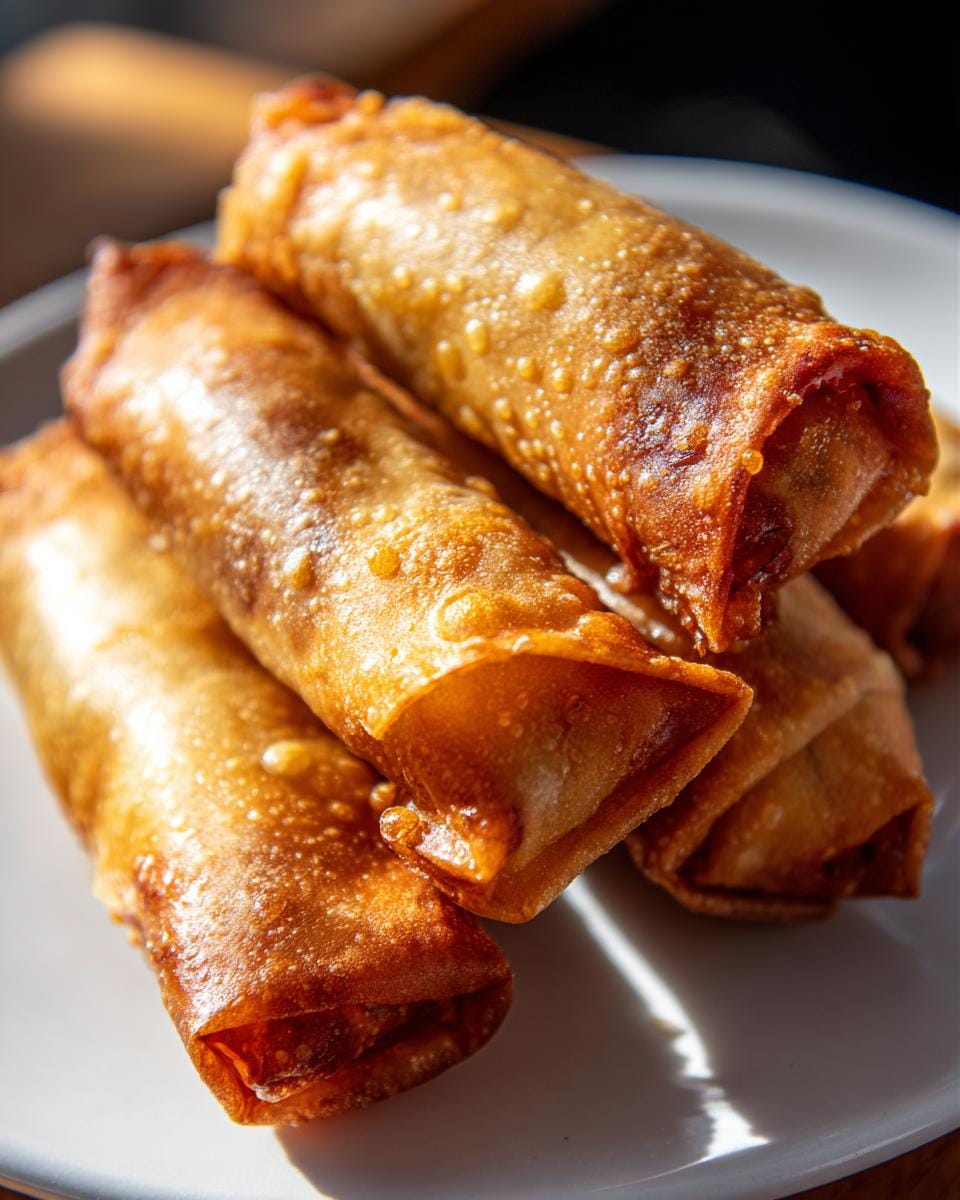 A close-up shot of a stack of golden-brown, crispy Philly Cheesesteak Egg Rolls on a white plate.