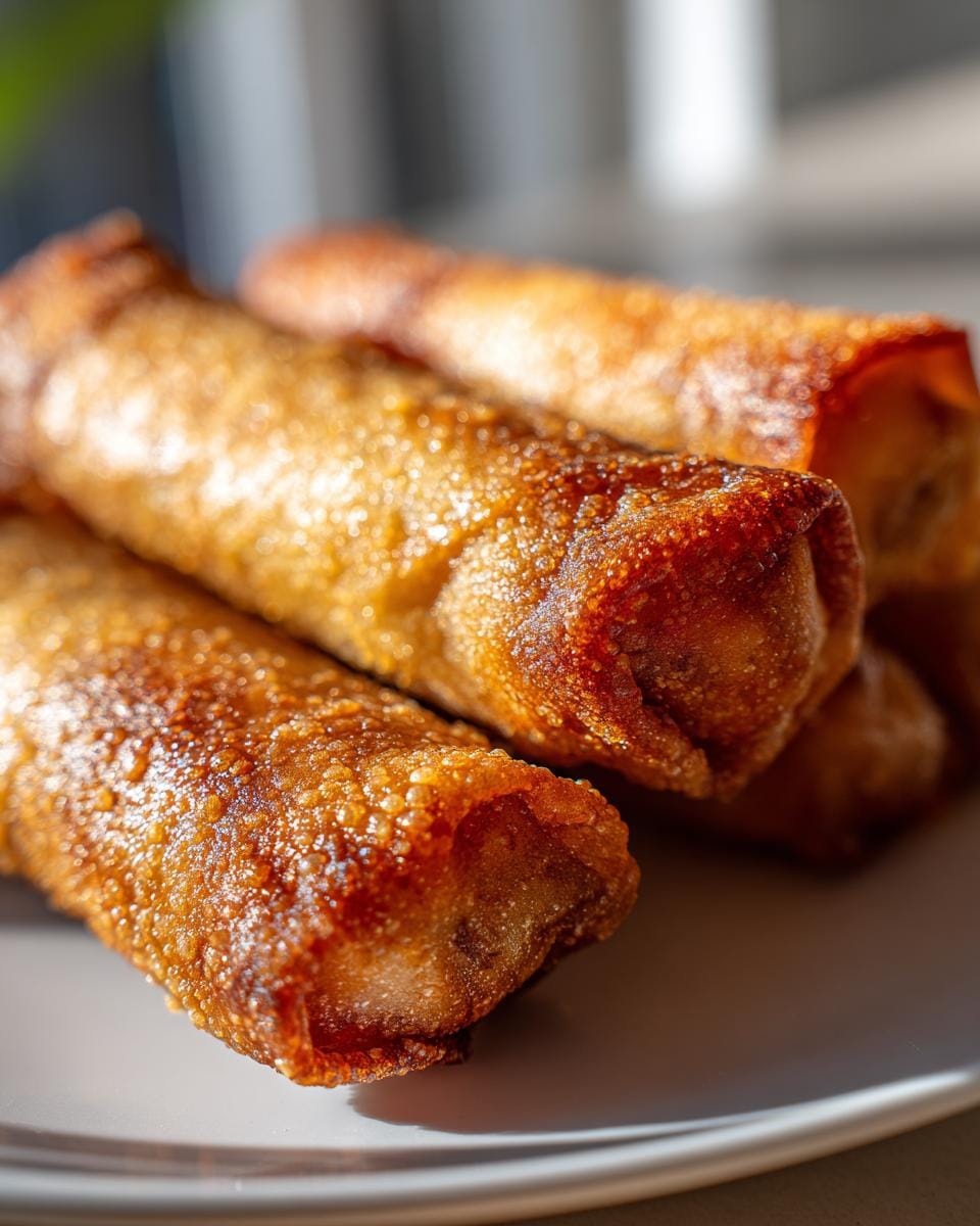 Close-up of crispy, golden-brown Philly Cheesesteak Egg Rolls on a plate.