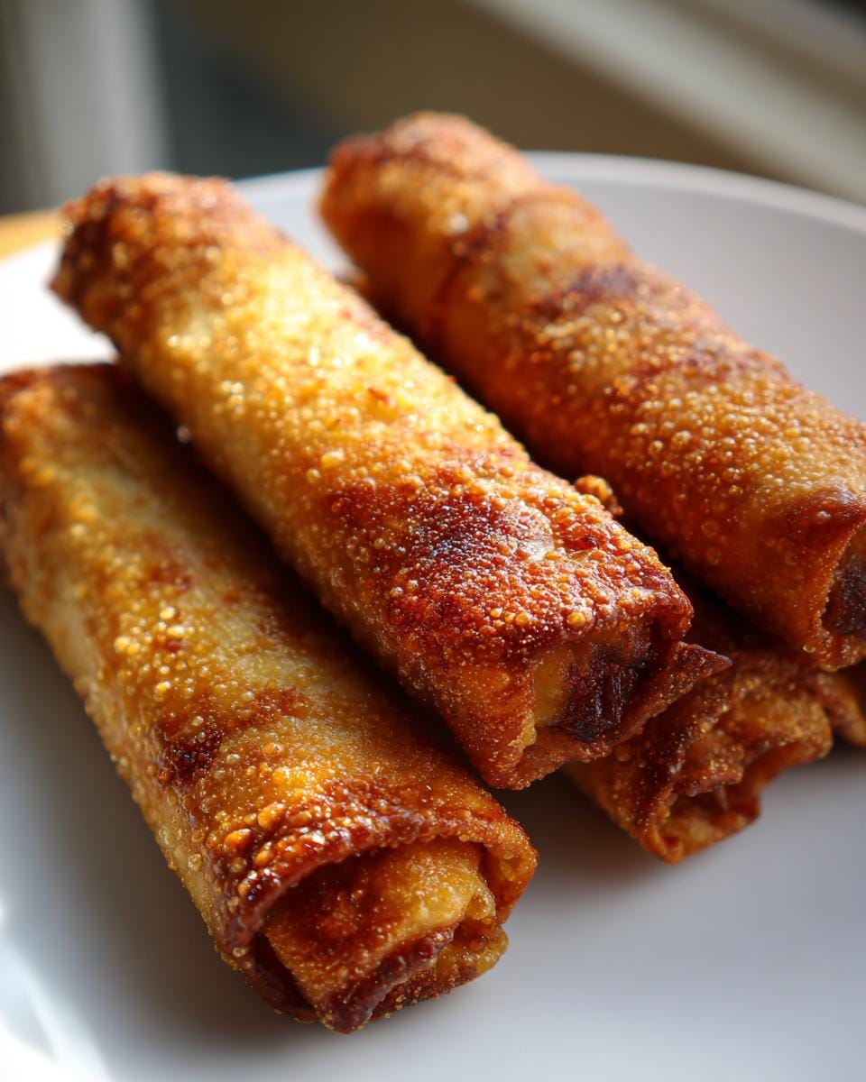 Close-up of crispy, golden-brown Philly Cheesesteak Egg Rolls stacked on a white plate.