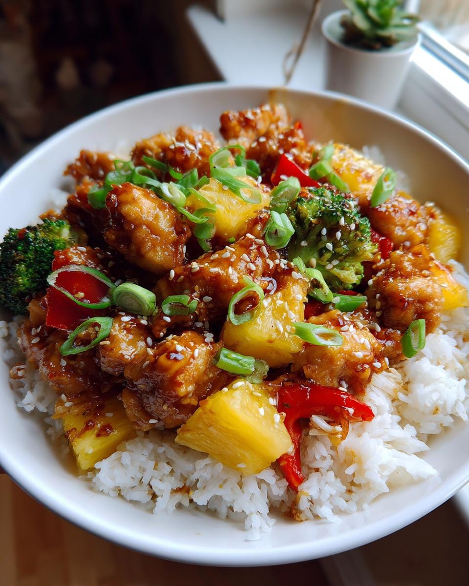 A close-up of a bowl of Pineapple Chicken and Rice, featuring crispy chicken, pineapple chunks, broccoli, and red peppers over white rice.