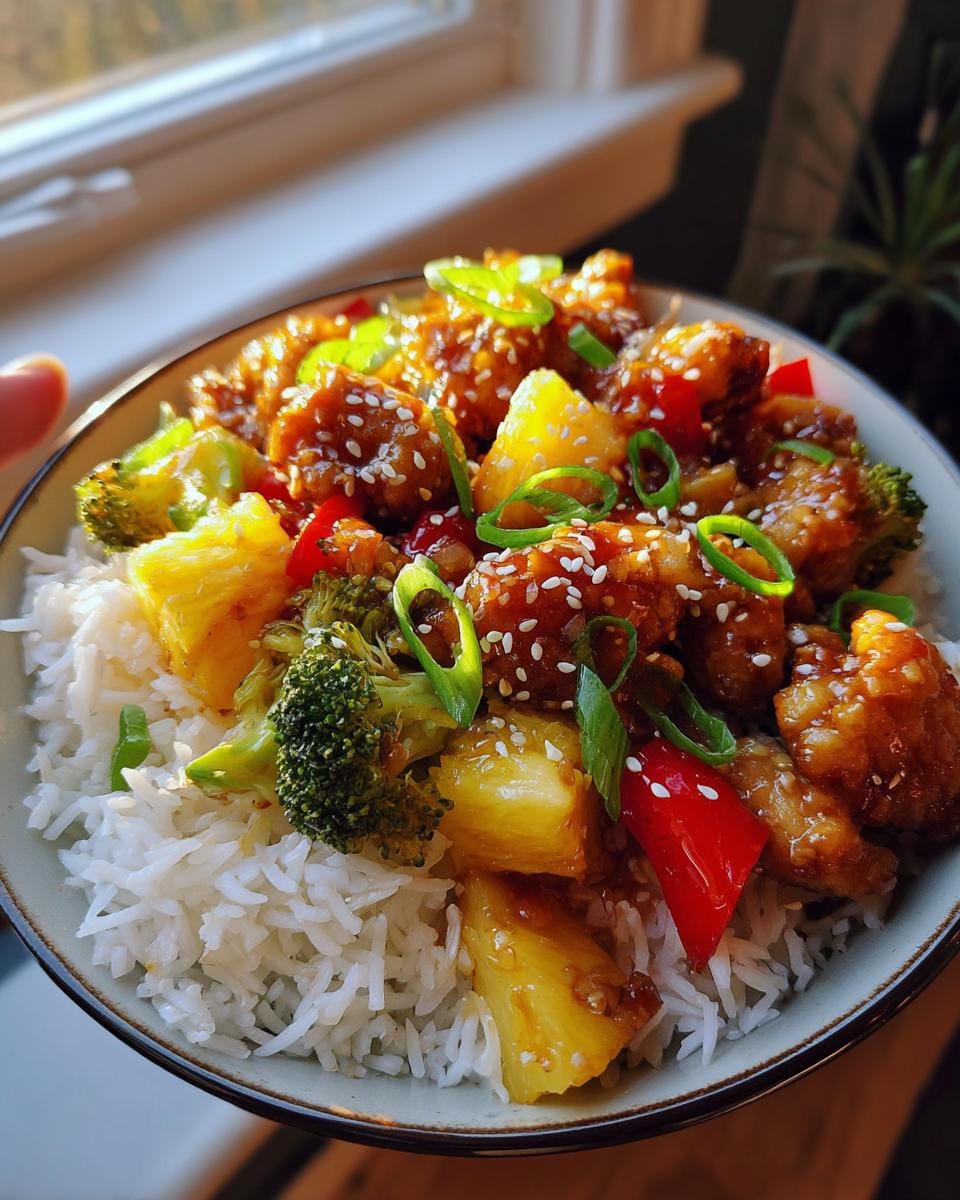 A close-up of a bowl filled with fluffy white rice topped with glazed Pineapple Chicken and Rice, broccoli florets, pineapple chunks, and red bell peppers.