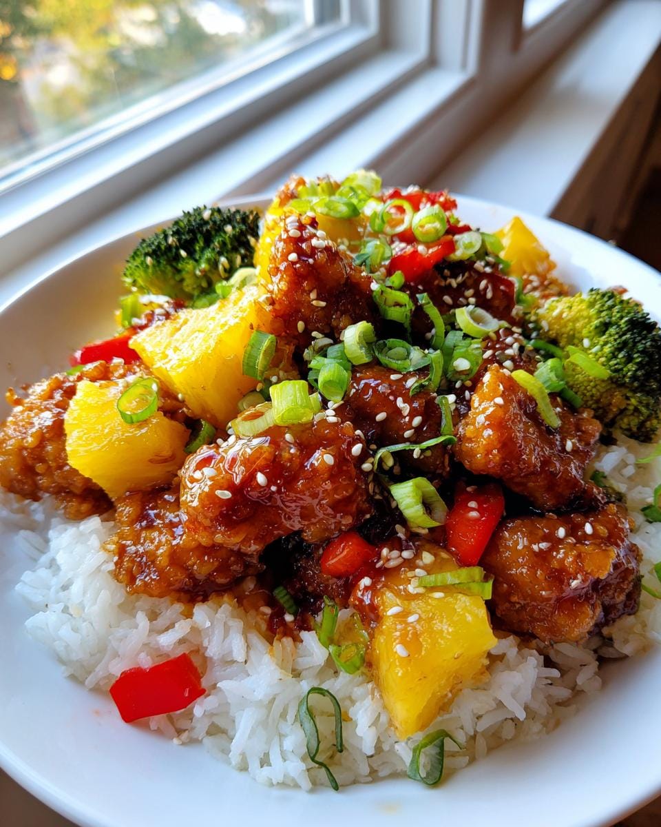 A close-up of a bowl of Pineapple Chicken and Rice, featuring crispy chicken pieces, pineapple chunks, broccoli, and green onions.