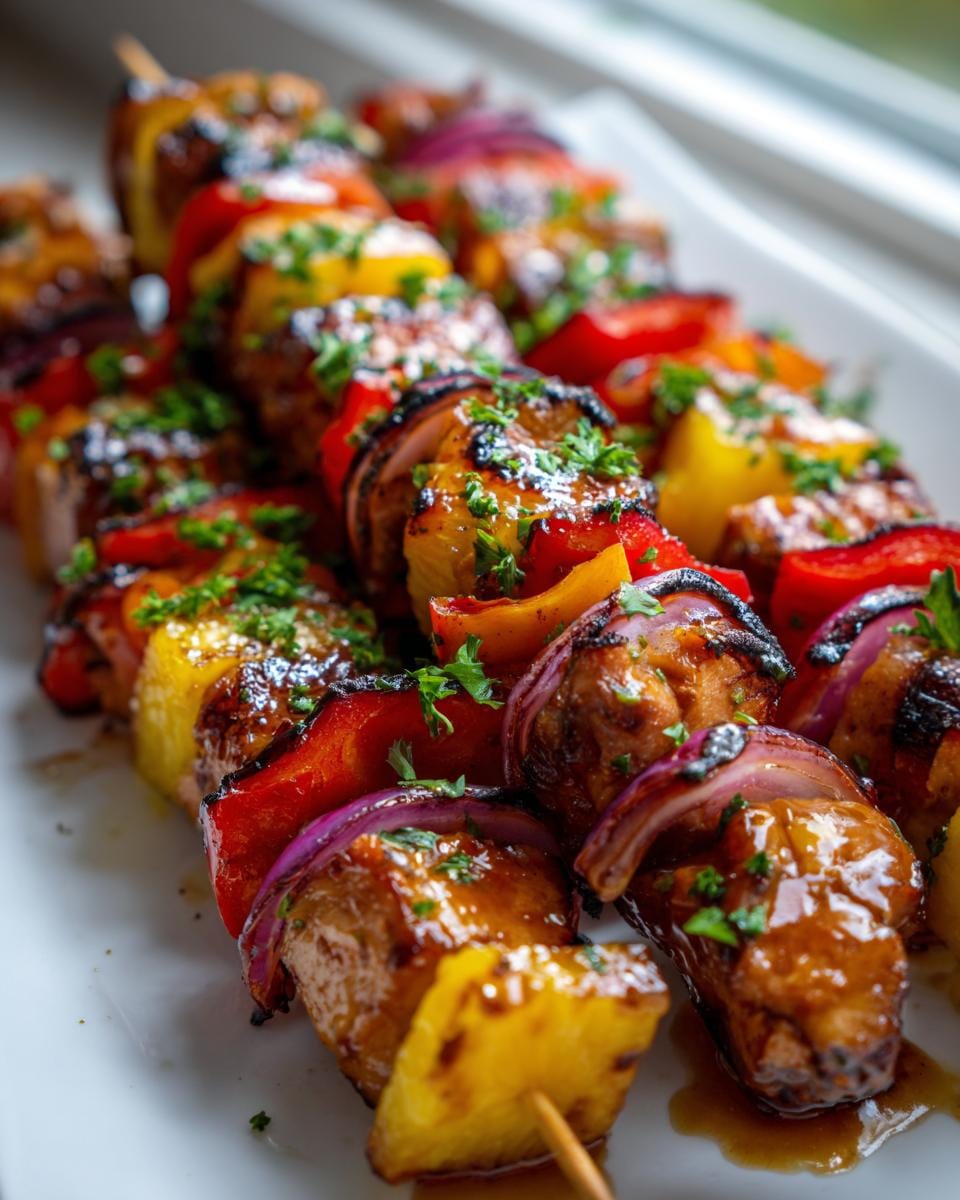 Close-up of juicy Pineapple Chicken Kabobs with grilled peppers and onions, glazed and sprinkled with parsley.