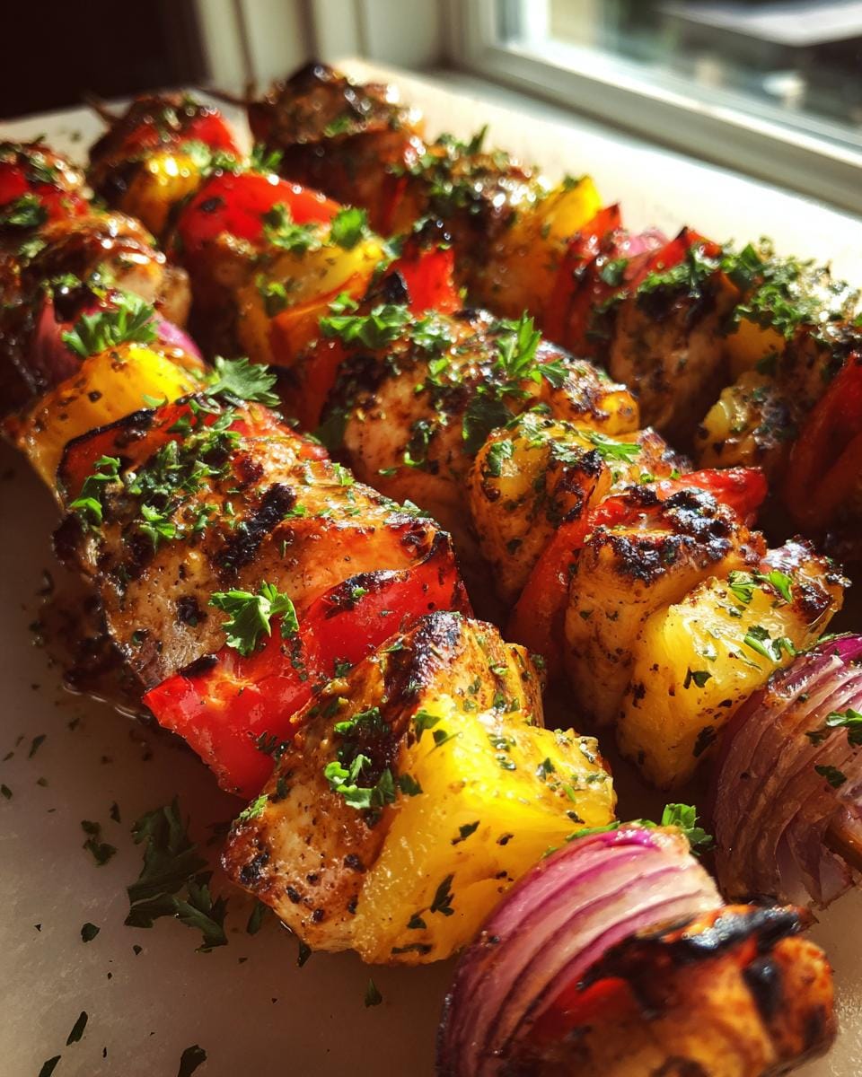 Close-up of grilled Pineapple Chicken Kabobs with chunks of chicken, pineapple, red bell peppers, and red onion, garnished with parsley.
