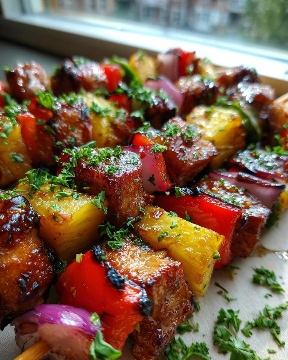 Close-up of grilled Pineapple Chicken Kabobs with chunks of pineapple, red bell peppers, and red onion, garnished with parsley.