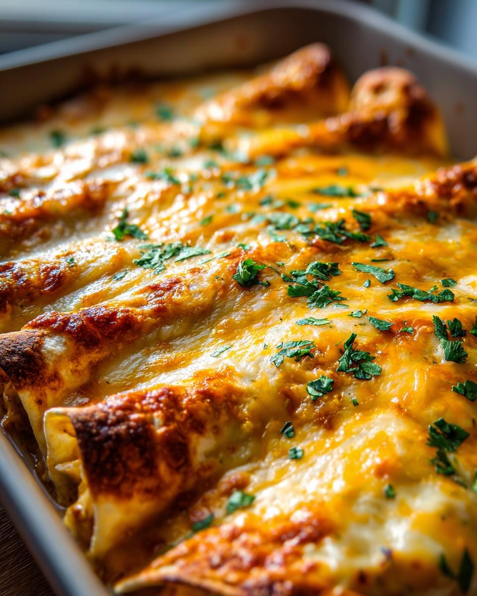 Close-up of baked Queso Chicken Enchiladas topped with melted cheese and fresh parsley.
