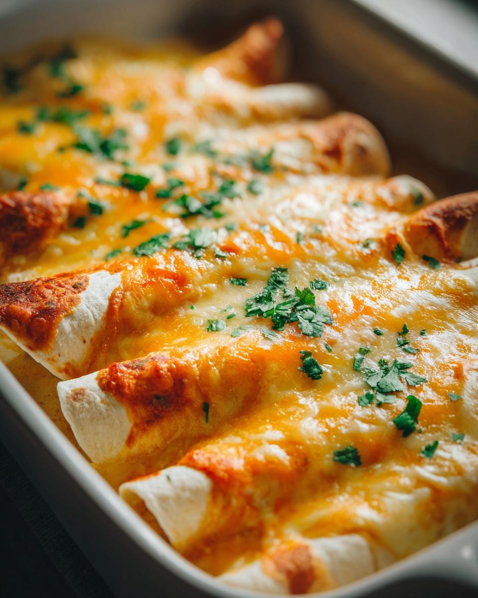 Close-up of baked Queso Chicken Enchiladas topped with melted cheese and fresh cilantro.