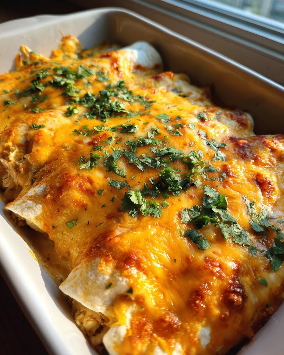 Close-up of baked Queso Chicken Enchiladas topped with melted cheese and fresh cilantro in a baking dish.