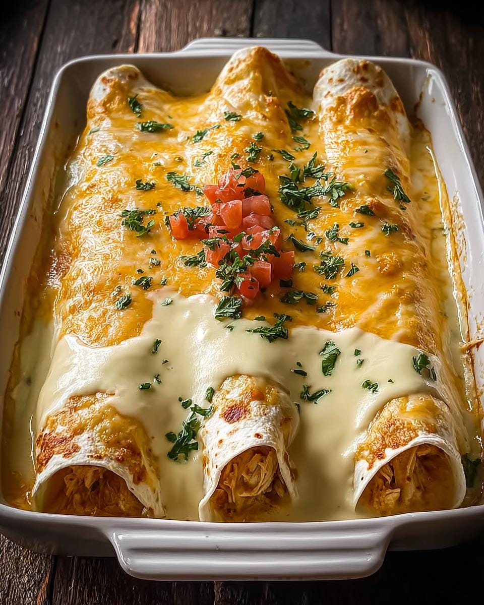 Close-up of Easy Queso Chicken Enchiladas baked in a white dish, topped with melted cheese and fresh parsley.
