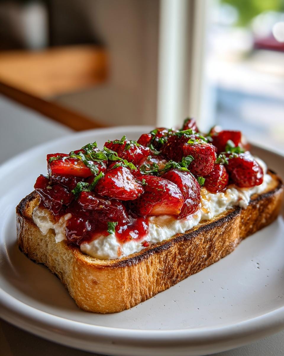 A slice of toasted bread topped with creamy whipped ricotta and glistening roasted strawberries, sprinkled with fresh herbs.