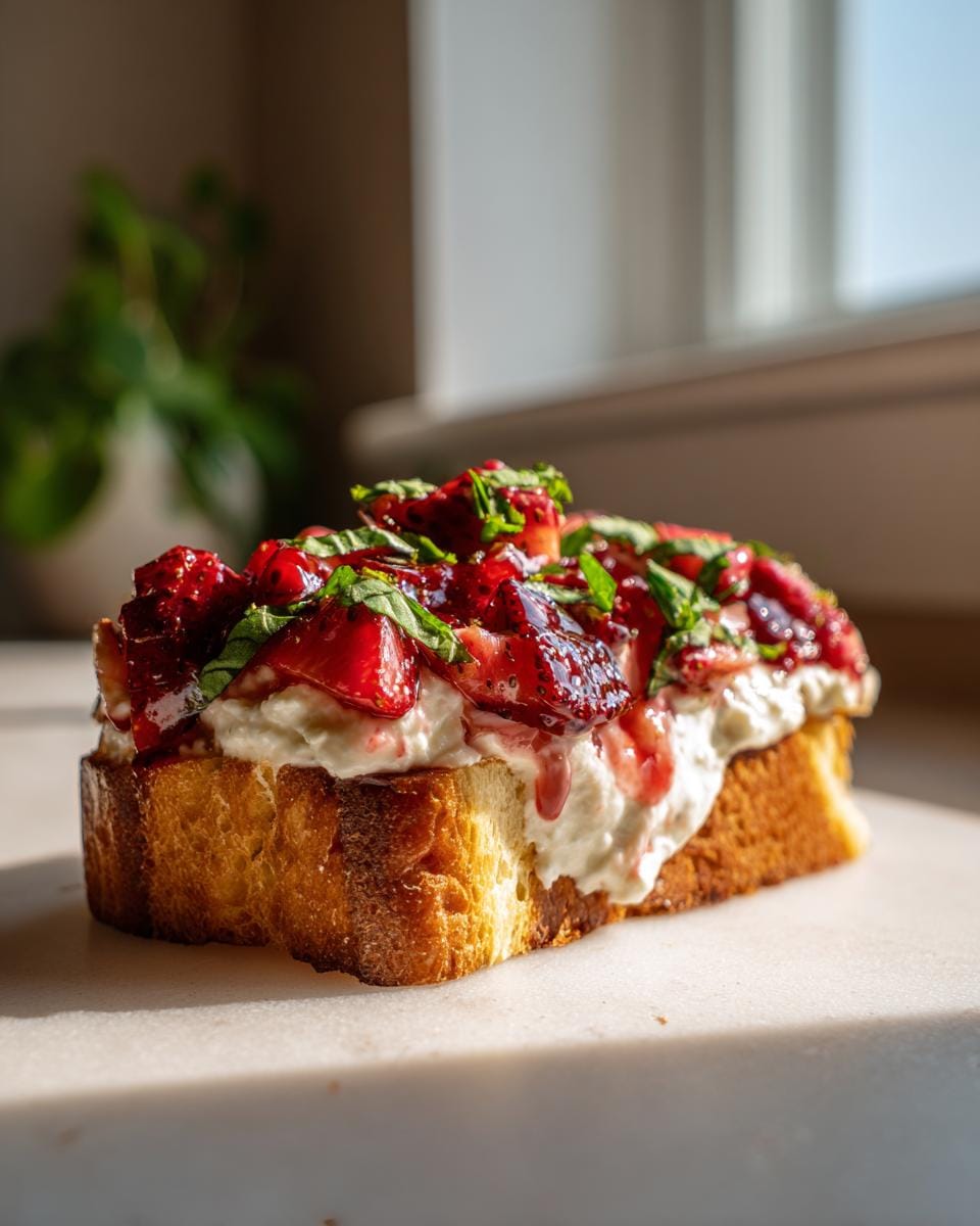 A thick slice of toasted bread topped with creamy whipped ricotta and a generous serving of glistening roasted strawberries.
