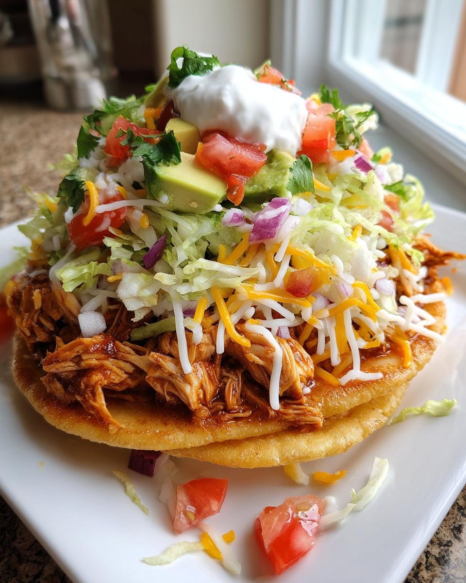 A close-up of a loaded Rotisserie Chicken Tostada topped with shredded lettuce, cheese, avocado, tomatoes, and sour cream.