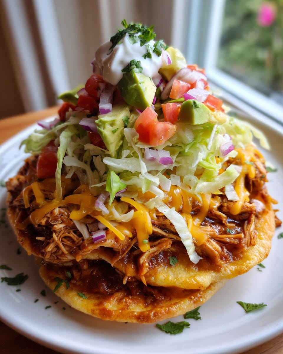 A tall stack of Rotisserie Chicken Tostadas topped with shredded lettuce, cheese, avocado, tomatoes, red onion, and sour cream.