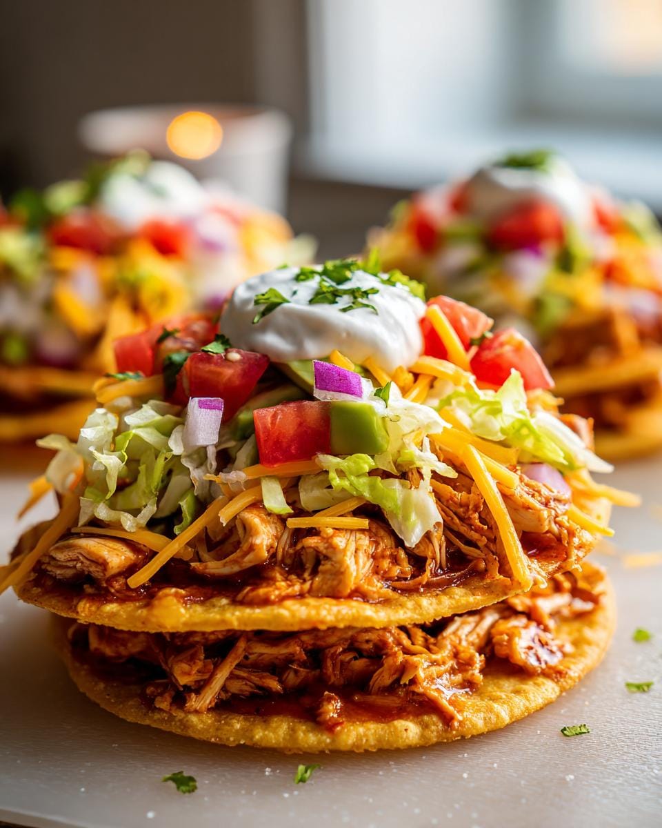 Close-up of stacked Rotisserie Chicken Tostadas topped with shredded lettuce, diced tomatoes, onions, cheese, and sour cream.