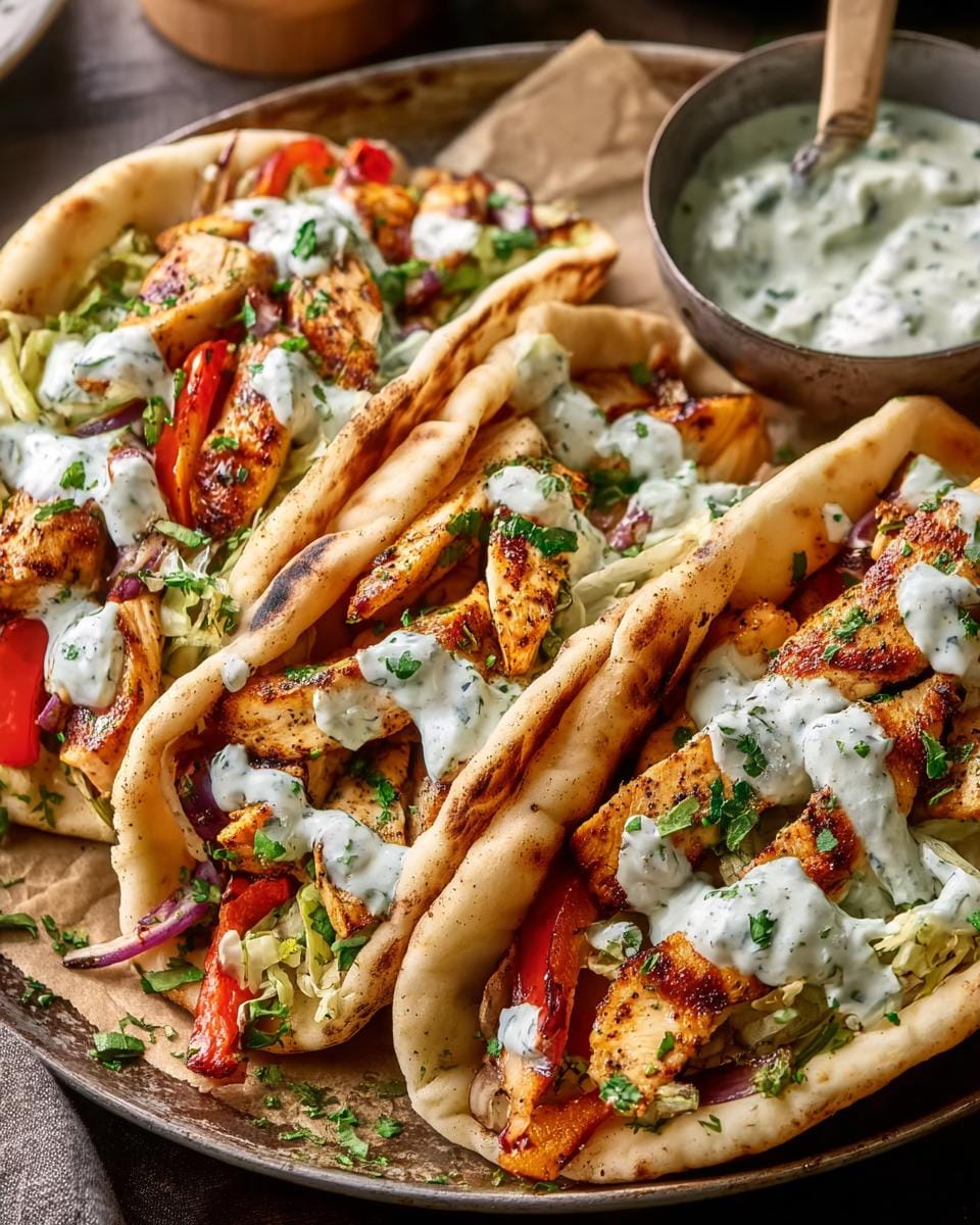 Three delicious Sheet Pan Chicken Pitas stuffed with grilled chicken, vegetables, and drizzled with herby ranch sauce.