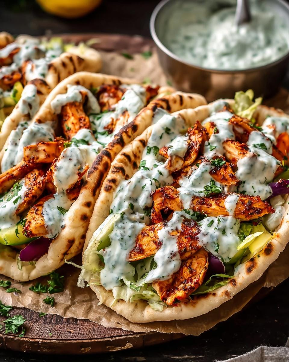 Close-up of delicious Sheet Pan Chicken Pitas generously topped with herby ranch sauce and fresh herbs.