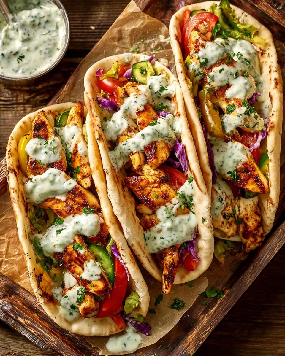Three delicious Sheet Pan Chicken Pitas stuffed with grilled chicken, fresh vegetables, and drizzled with herby ranch sauce.