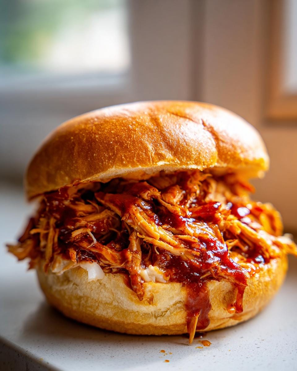 A delicious Slow Cooker BBQ Pulled Chicken sandwich piled high on a bun with dripping sauce.