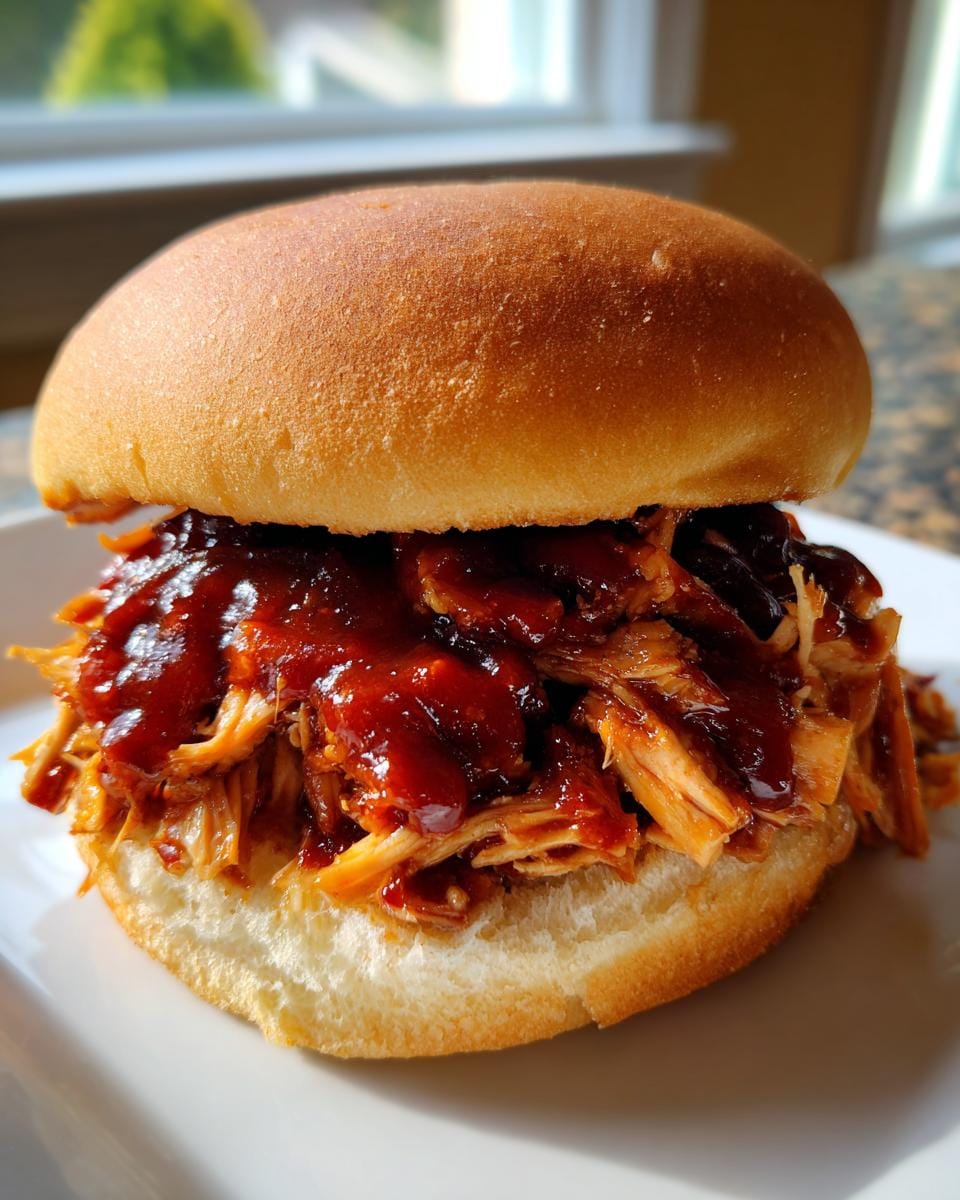 A delicious Slow Cooker BBQ Pulled Chicken sandwich on a bun, generously topped with BBQ sauce.
