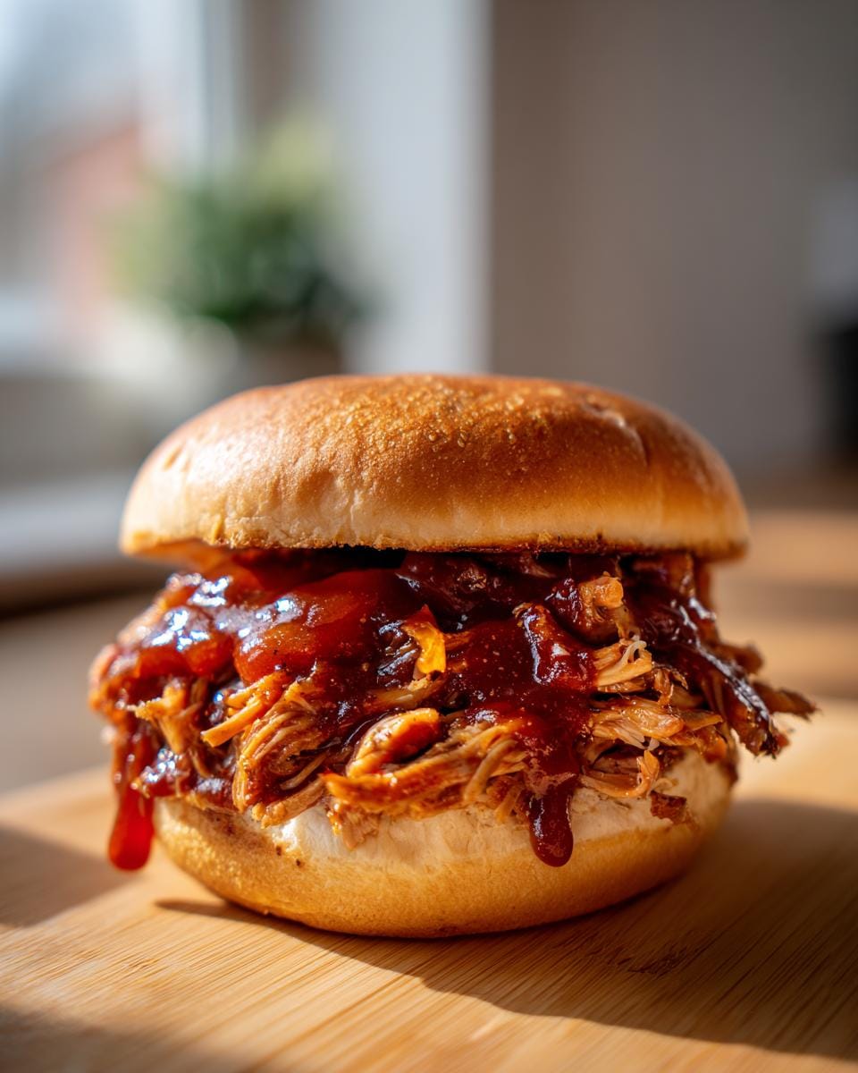 A delicious sandwich filled with juicy Slow Cooker BBQ Pulled Chicken and smothered in BBQ sauce.