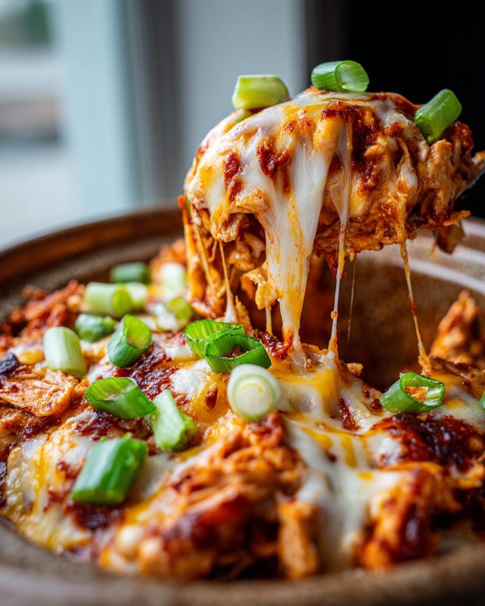 A scoop of cheesy Slow Cooker Buffalo Chicken Dip being lifted, with melted cheese stretching.
