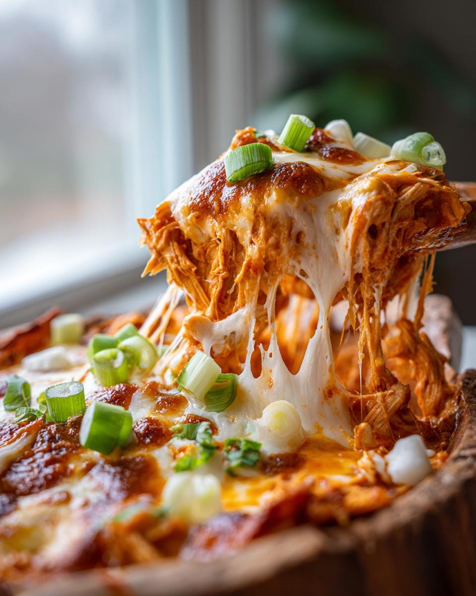 A scoop of Slow Cooker Buffalo Chicken Dip showing gooey, melted cheese stretching from the dish, topped with green onions.