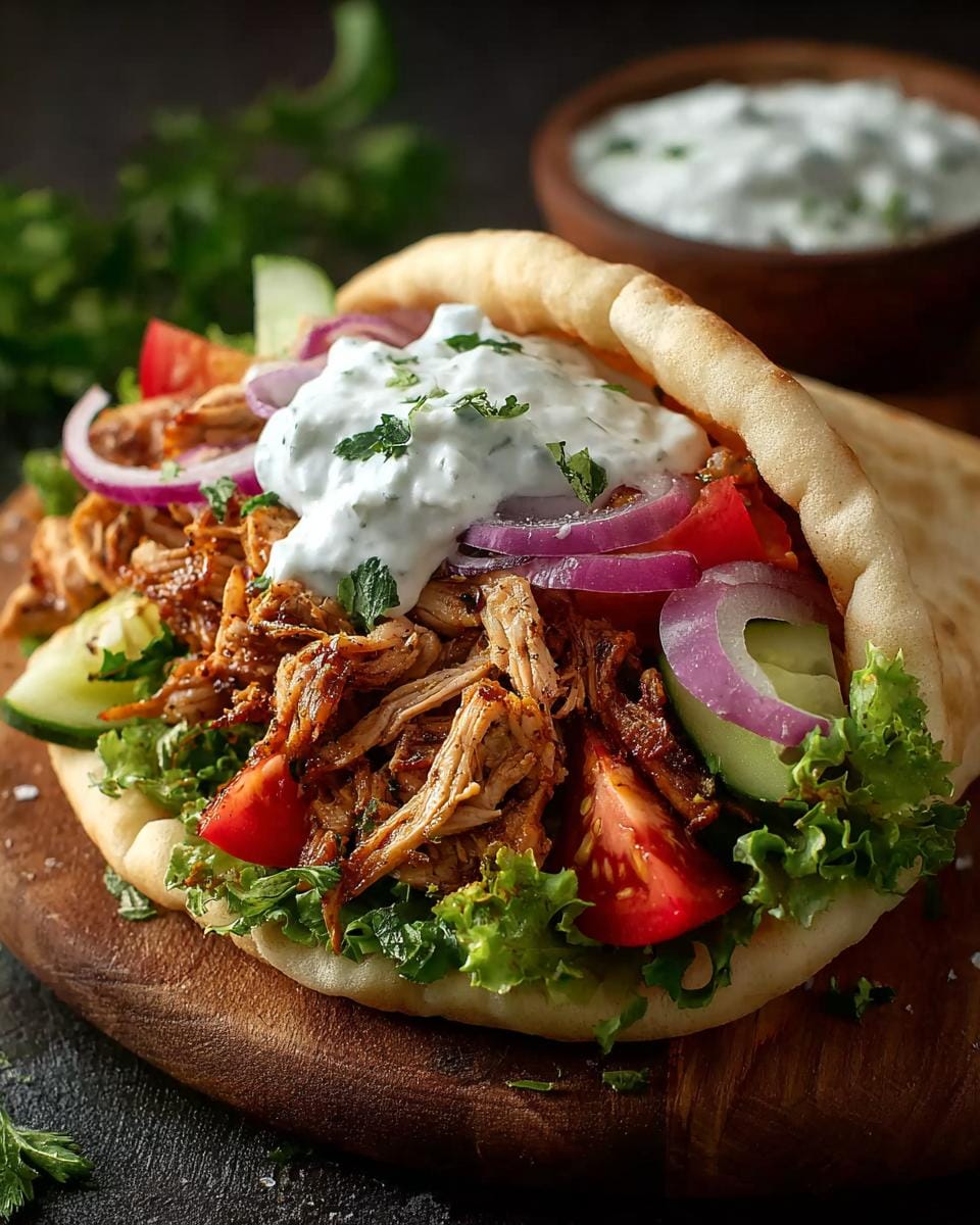 A delicious Slow Cooker Chicken Gyro overflowing with tender chicken, fresh lettuce, tomato, cucumber, red onion, and creamy tzatziki sauce.