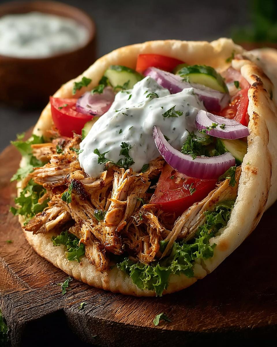 A delicious Slow Cooker Chicken Gyros with Tzatziki, filled with shredded chicken, lettuce, tomatoes, cucumbers, red onions, and a dollop of tzatziki sauce.
