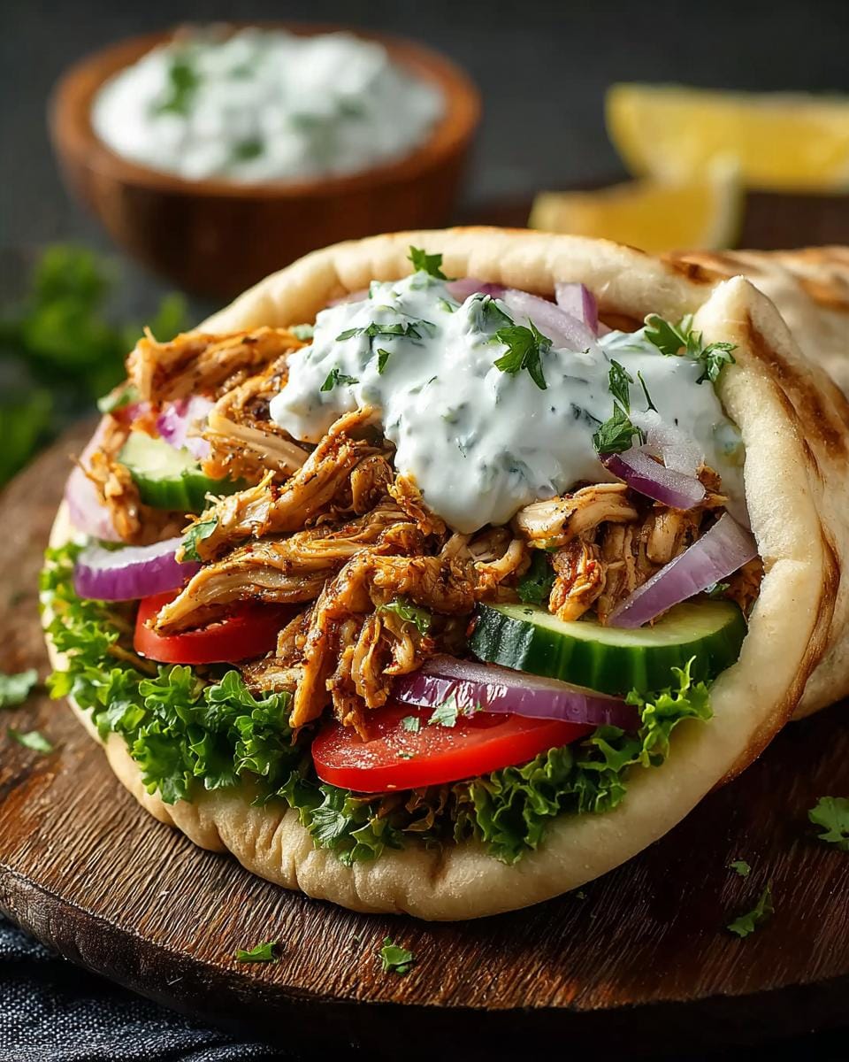 A delicious Slow Cooker Chicken Gyros with Tzatziki, filled with shredded chicken, lettuce, tomato, cucumber, red onion, and creamy tzatziki sauce.