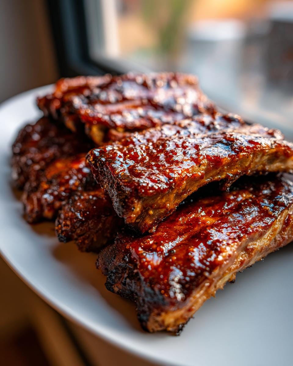 Close-up of tender Slow Cooker Honey Garlic Ribs coated in a glossy, rich sauce.