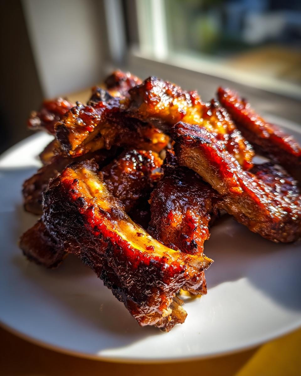 A close-up of a pile of glistening Slow Cooker Honey Garlic Ribs on a white plate, bathed in sunlight.