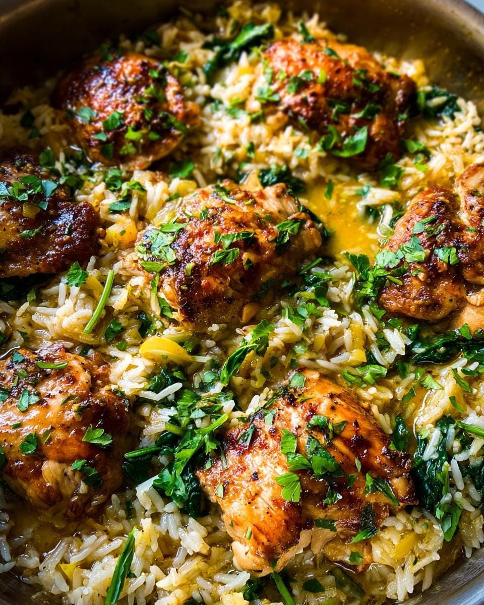 Close-up of tender chicken thighs with crispy skin nestled in fluffy rice, garnished with fresh herbs.